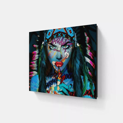 A woman with colorful makeup and feathers on her face canvas wall art print