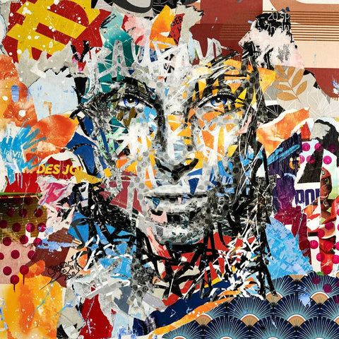 A close up of a collage of a man with a face