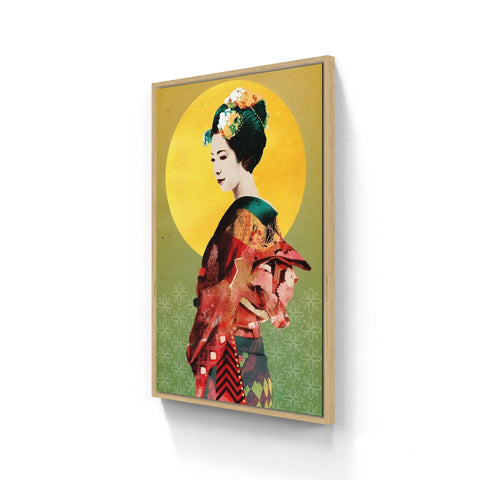 Framed artwork depicting a stylized geisha figure against a vibrant yellow circle and green background.