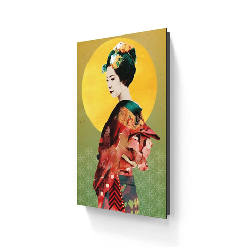 Canvas print depicting a stylized geisha figure in profile against a vibrant yellow and green background.