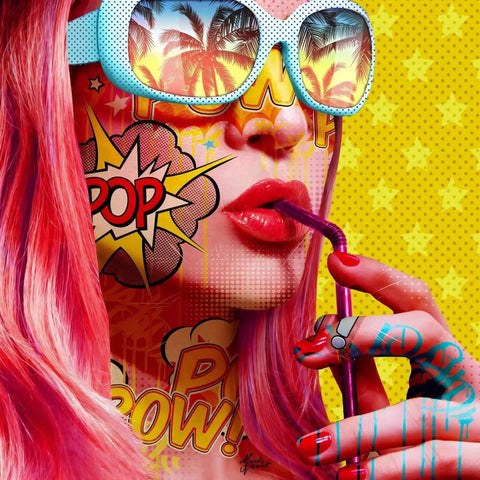 A woman with pink hair and sunglasses smoking a cigarette