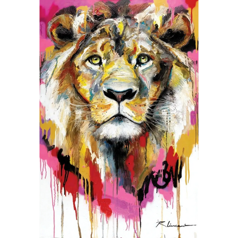 Colorful, abstract-style painting of a lion’s face with piercing yellow eyes.