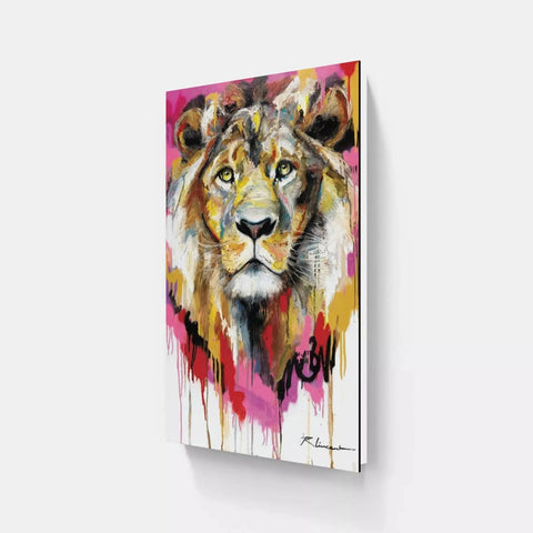 Colorful abstract painting of a lion’s face with vibrant dripping paint effects.