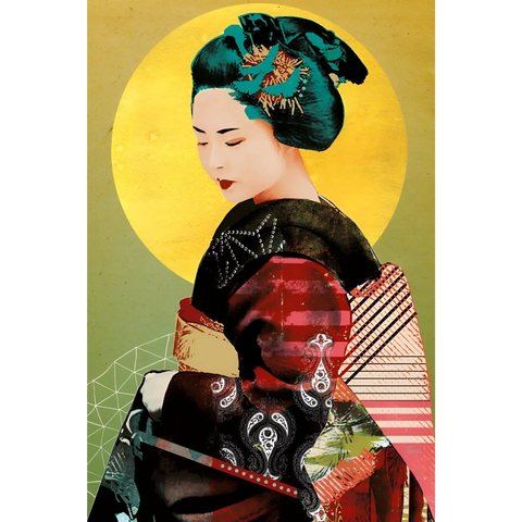 Stylized portrait of a geisha with an elaborate hairstyle and kimono against a yellow circular backdrop.