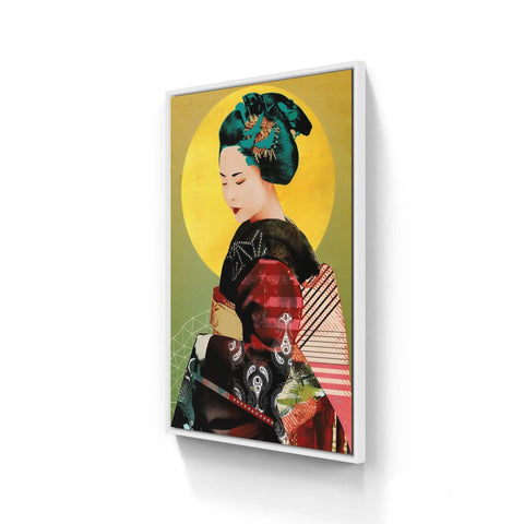 Framed artwork depicting a geisha in traditional attire against a yellow background.