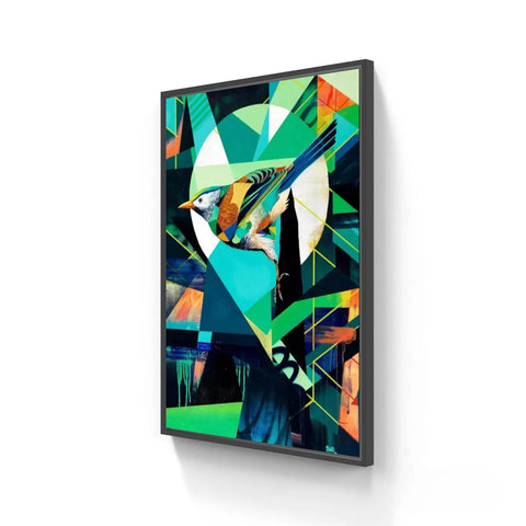 Framed abstract geometric artwork featuring a stylized bird amid colorful angular shapes.