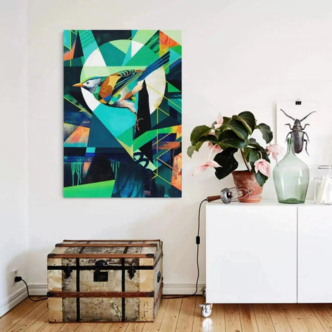 Vibrant abstract painting featuring geometric shapes and a stylized bird.