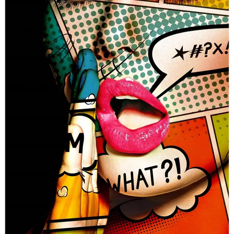 Pink glossy lips with a comic book speech bubble saying ’WHAT?!’