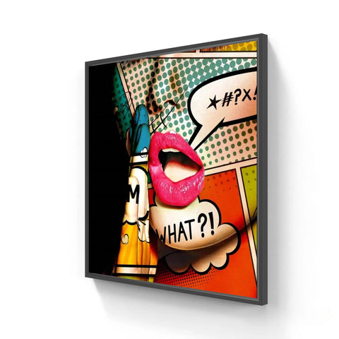 Pop art style wall canvas featuring glossy red lips and comic book speech bubbles.