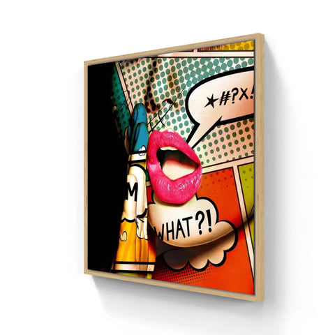 Pop art style wall artwork featuring glossy red lips and comic book speech bubbles.