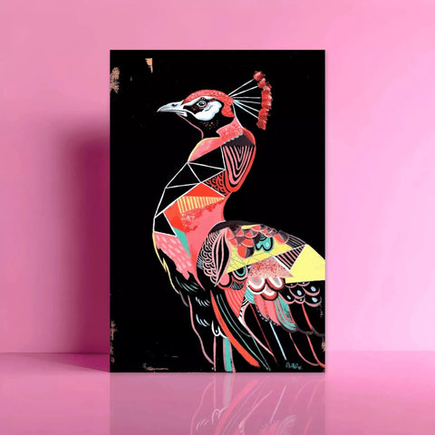 A painting of a bird on a pink background