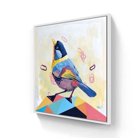 Colorful, stylized painting of a bird with geometric shapes and musical notes.