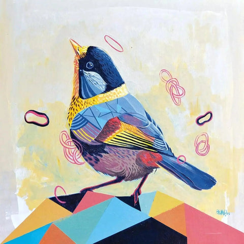 A painting of a bird on a colorful surface