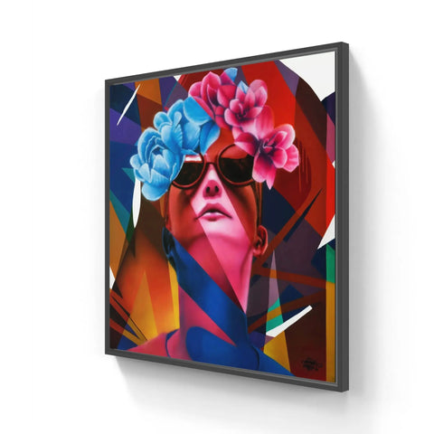 Colorful abstract portrait painting featuring a figure with sunglasses and floral headdress.