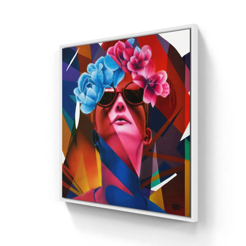 Colorful abstract portrait of a figure wearing sunglasses and floral headpieces.