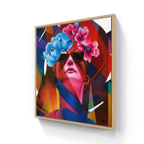 Colorful abstract portrait painting of a figure wearing sunglasses and floral headdress.