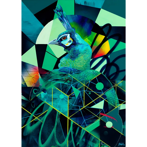 A painting of a bird with geometric shapes