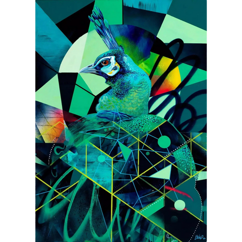 A painting of a bird with geometric shapes