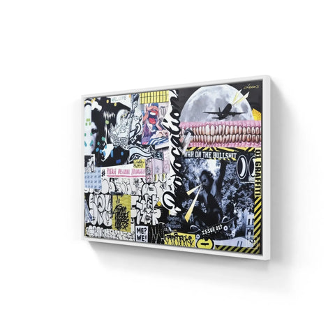 Graffiti-style canvas artwork featuring a collage of urban street art elements and text.