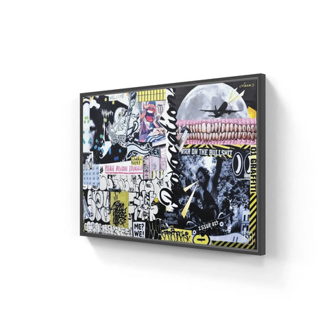 Framed collage-style artwork featuring graffiti, text, and mixed media elements in an urban street art aesthetic.