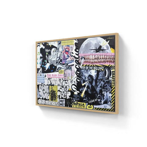 Framed mixed-media artwork featuring graffiti-style elements, collage, and urban imagery.