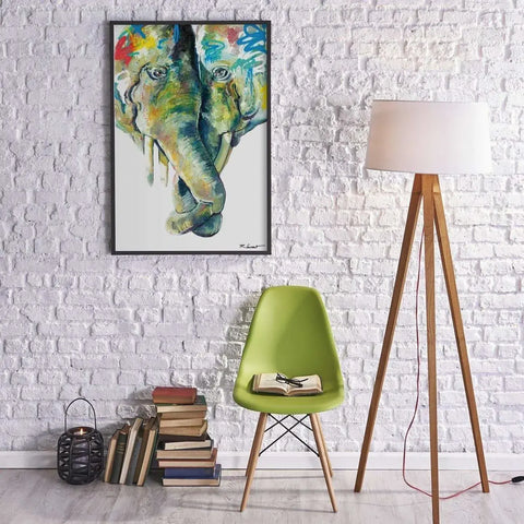 An elephant painting on a wall in a living room