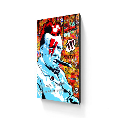 Pop art style portrait canvas featuring a blue-tinted figure smoking a cigar against a vibrant graffiti-inspired background.