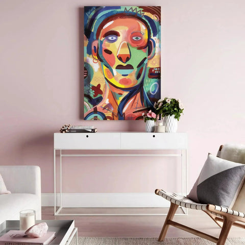 Colorful abstract portrait painting with bold geometric shapes and vibrant hues.