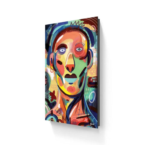 Colorful abstract portrait painting with geometric shapes and vibrant hues.