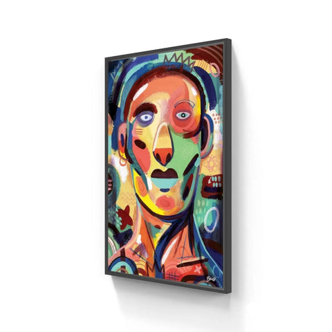 Colorful abstract portrait painting of a face wearing headphones, rendered in a cubist-inspired style with vibrant hues and geometric shapes.