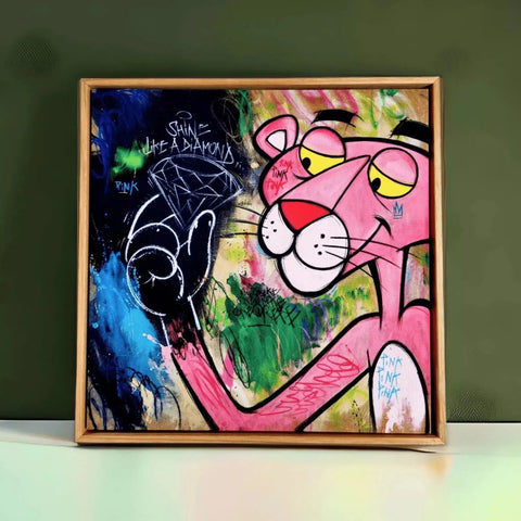 A painting of a cat with a pink face