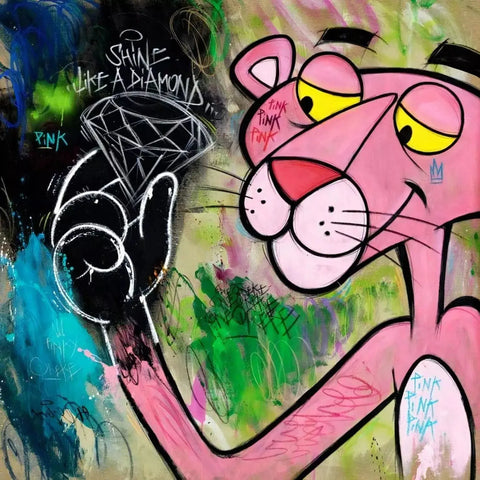 A painting of a pink panther with yellow eyes