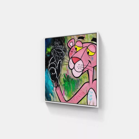 A pink panther painting on a white wall