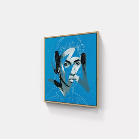 A blue painting with a woman’s face on it