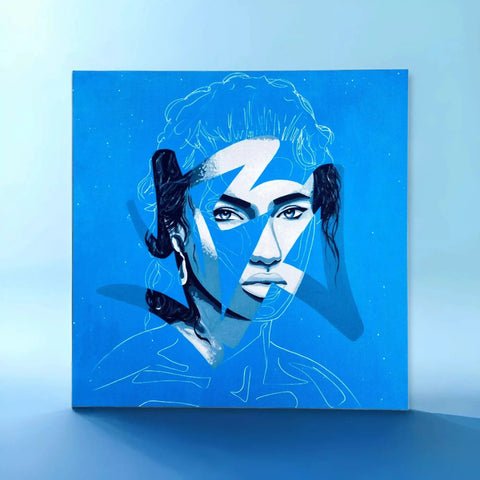 A blue painting of a woman with a blue background