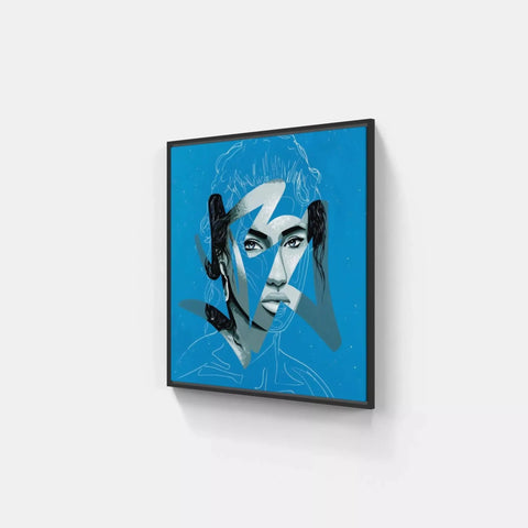 A blue and white painting of a woman with headphones