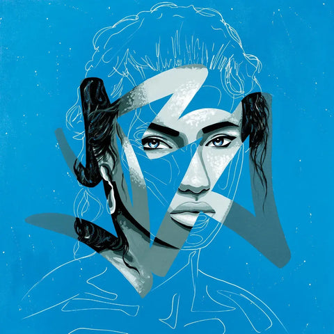 A blue and white illustration of a woman with a face painted in the shape of a lightning