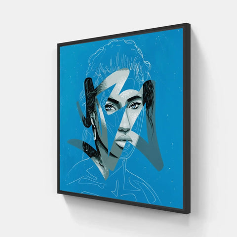 A framed print of a woman with blue eyes