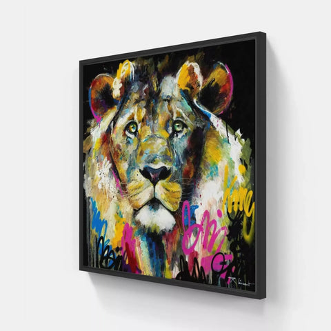 A painting of a lion on a wall