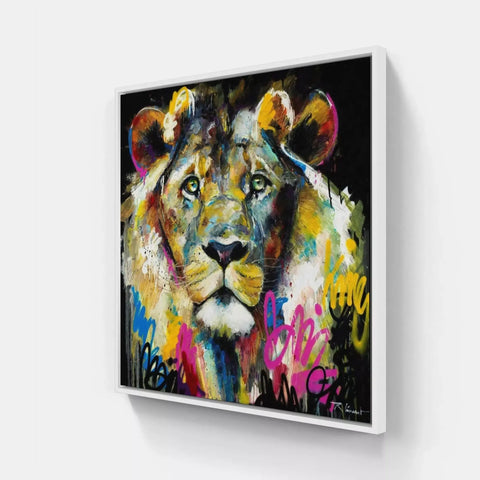 A painting of a lion on a wall