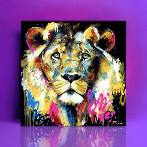 A painting of a lion on a purple background