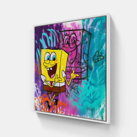 A close up of a spongebob painting on a wall with graffiti