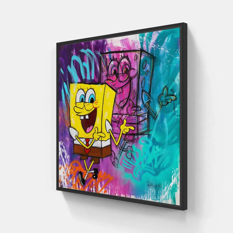 A close up of a spongebob painting on a wall with graffiti