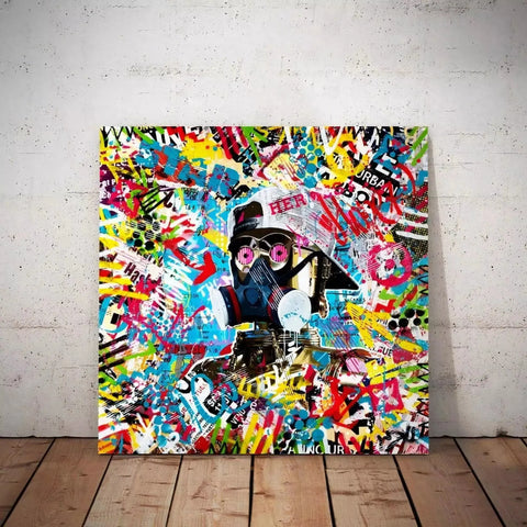 A large canvas with graffiti art on it