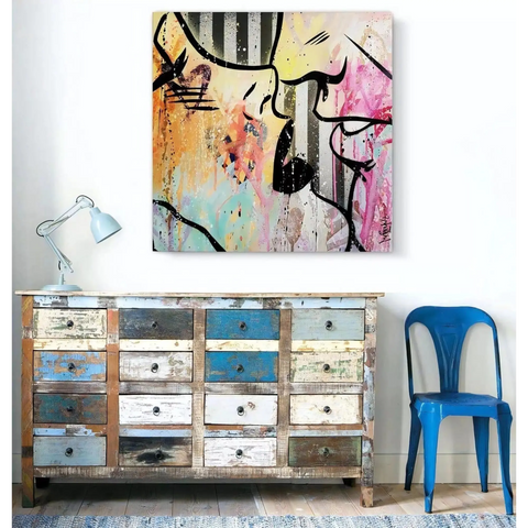 A painting on a wall above a dresser