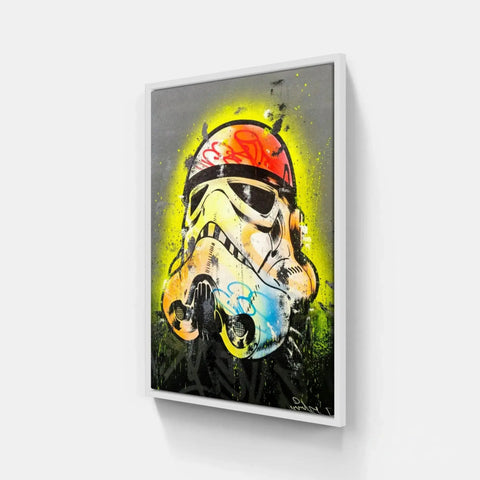 Framed Stormtrooper helmet graffiti art.