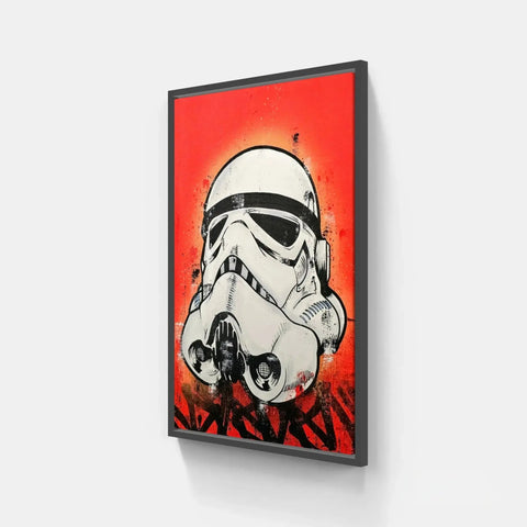 Framed Stormtrooper helmet art.