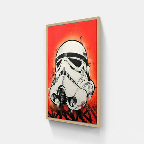 Framed Stormtrooper helmet art.