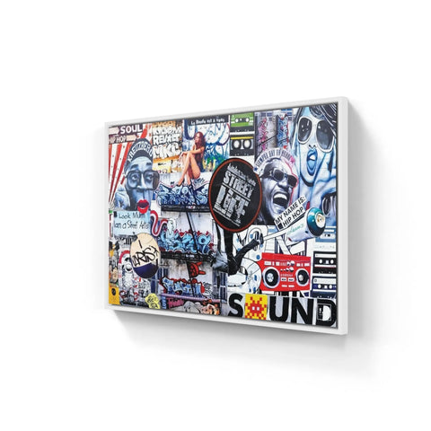 Collage-style canvas print featuring graffiti art, music icons, and urban culture imagery.