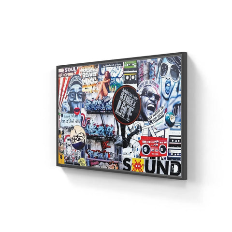 Framed collage of graffiti-style street art featuring music and pop culture imagery.